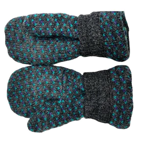 Fleece lined wool mittens, gray/ aquamarine blue combination winter mittens M/L - Picture 6 of 10